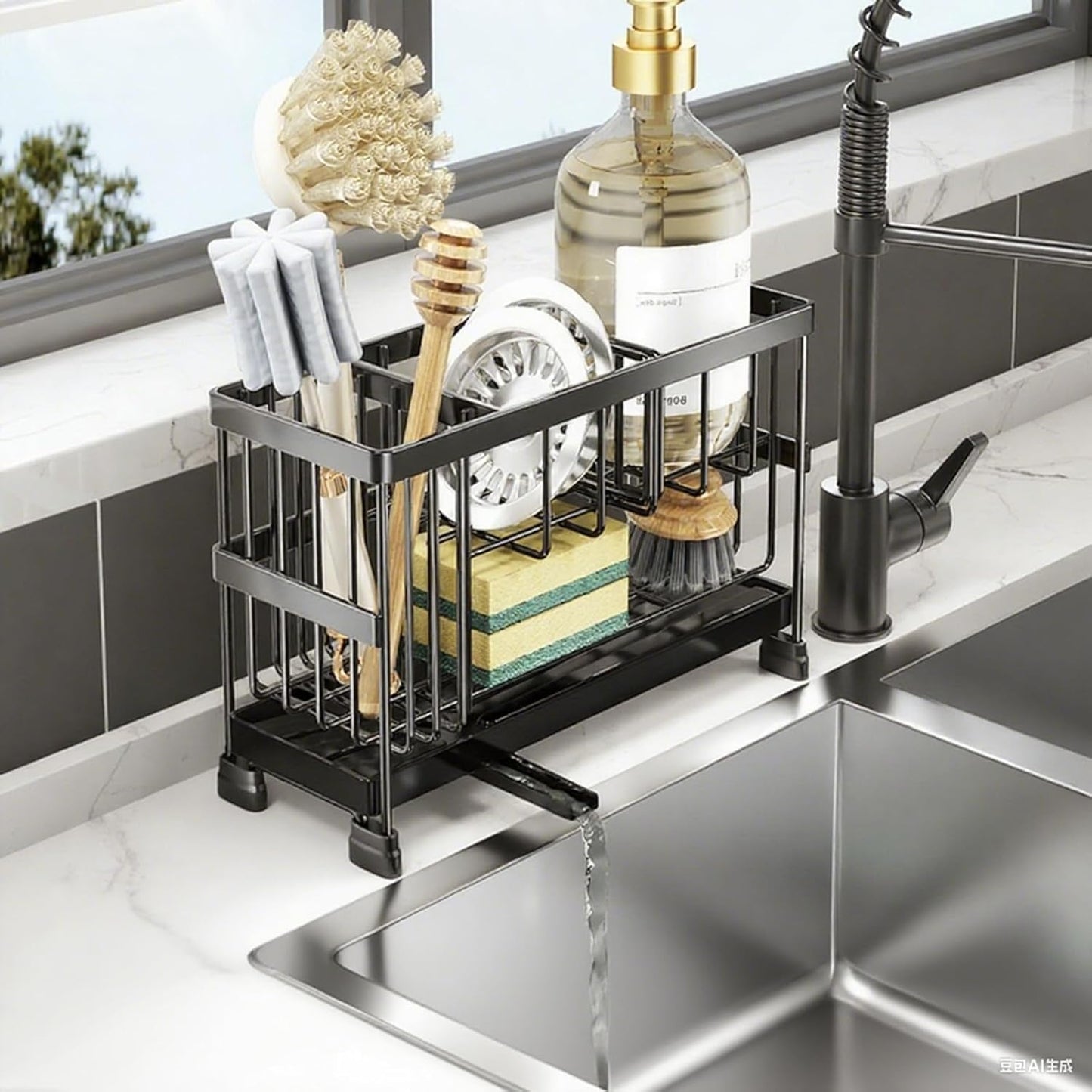 Sponge Holder for Kitchen Sink, 2 Tier Sink Caddy Organizer with Brush Holder, Non-Slip Stainless Steel Kitchen Countertop Organizers and Storage, Soap Dispenser Organize with 360°Drain Tray