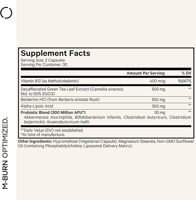 Codeage M-Burn Optimized Supplement - Decaffeinated Green Tea Std. to 50% EGCG, Berberine, Akkermansia, Vitamin B12 - Probiotics - Vitamins - 60 Capsules