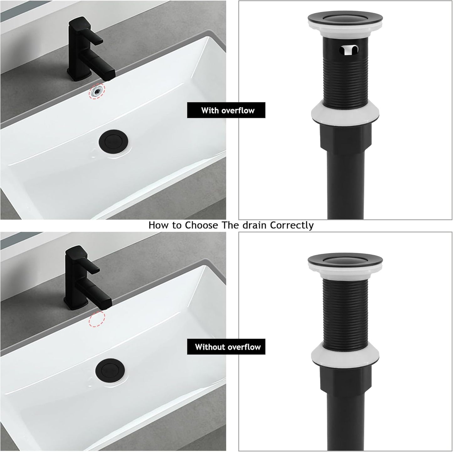 Bathroom Sink Drain,Drain Stopper Bathroom Sink with Overflow,Small Cap Pop Up Drain Assembly with Detachable Strainer Basket,Built-in Anti-Clogging, Stainless Steel Nut Matte Black