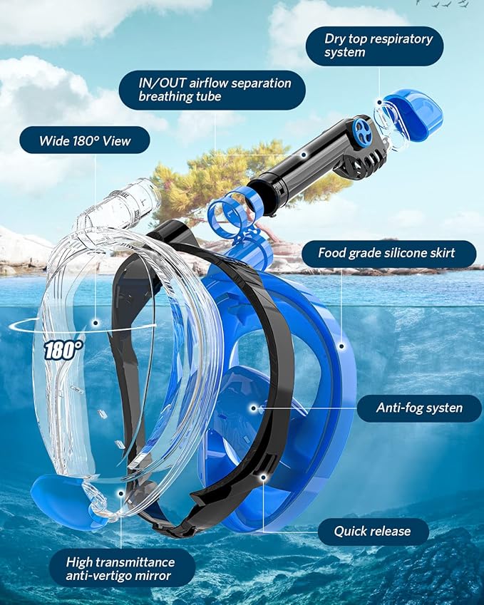 QingSong Full Face Snorkel Mask for Adults, Snorkeling Gear with Camera Mount, 180 Degree Panoramic View Snorkel Set Anti-Fog Anti-Leak