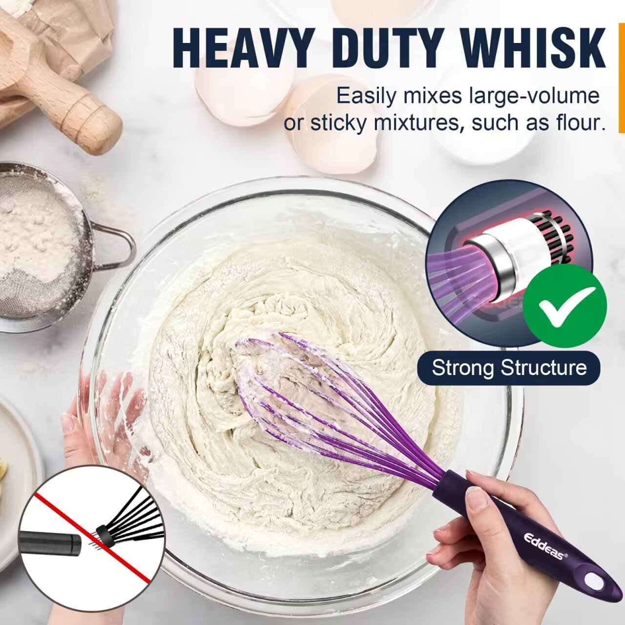 Silicone Whisk, Eddeas Whisk Non-Scratch Coated Whisks set of 3-Heat Resistant(450°F) Kitchen Wisk, Balloon Egg whisk Perfect for Blending, Whisking, Beating & Stirring, Purple