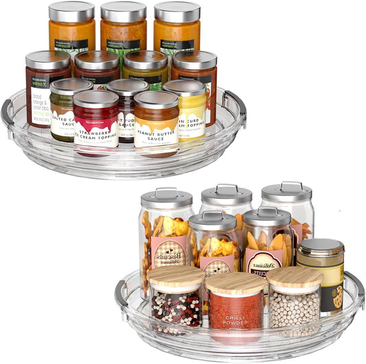 Clear Lazy Susan Organizer Turntable for Cabinet Table Top, 9.25 Inch 2 Pack 360 Rotating Spinning Makeup Organizer for Vanity, Kitchen Storage Rack Heavy-Duty Pantry Spices Tray Countertop Organizer