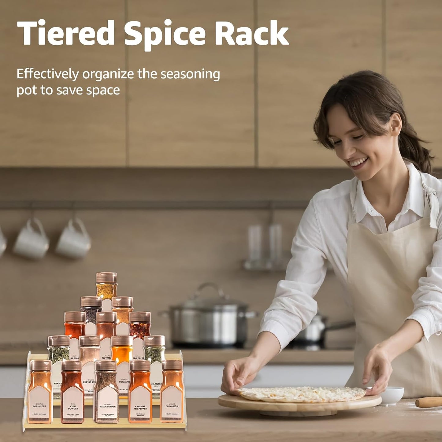 nianfeng Tiered Spice Rack, 4-Tier Spice Pantry Kitchen Cabinet Organizer, 16-Inch, Natural Wood Acrylic Stair Riser Stand, Countertop Seasoning Shelf