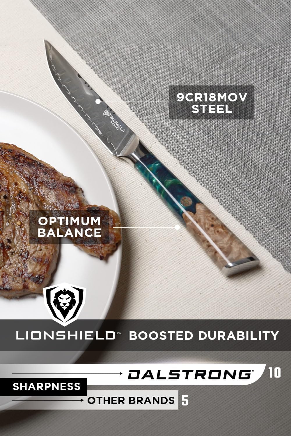 Dalstrong Steak Knives Block Set - 5 inch 4 Piece Set - Valhalla Series - Premium 9CR18MOV HC Steel - Celestial Resin & Wood Handle - Razor Sharp - Kitchen Cooking Chef's Knife - Leather Sheath