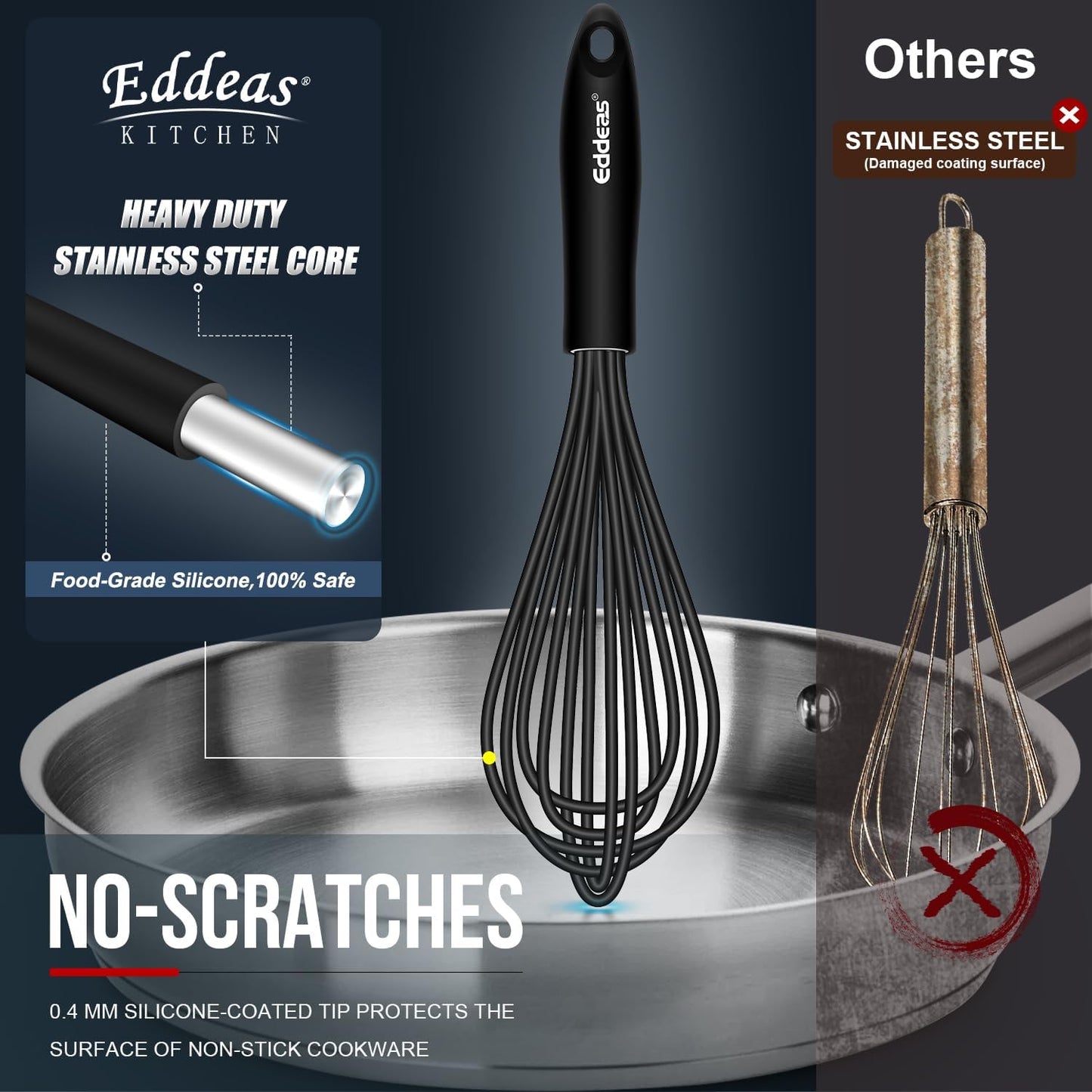 Whisks For Cooking - 500 °F Heat Resistant Silicone Whisk, Heavy Duty 7",9"&11inch Non-Scratch Balloon Kitchen Wisk tool Set, for cooking Wisking, Blending, Beating, Stirring, 3 Piece Black