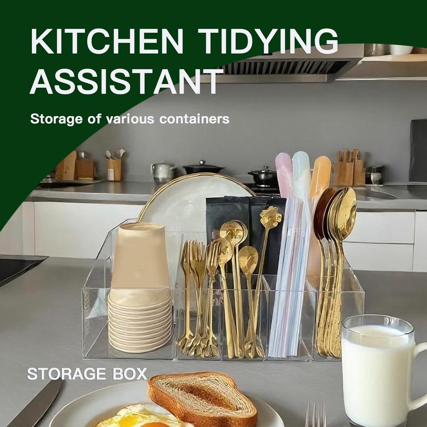 Utensil Holder for Party, Plastic Silverware Holder and Acrylic Cutlery Organizer for Paper Plates, Napkins, Cups, and Silverware - Countertop Caddy for Camping, Picnic, Buffet, Table Entertaining