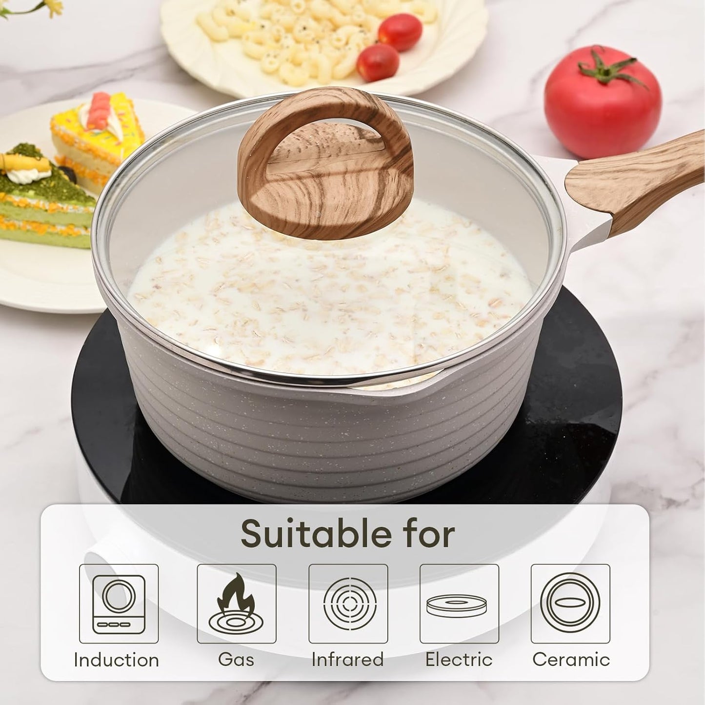 JEETEE 1.5 Quart Saucepan with Lid Nonstick Stone Coating Sauce Pan Milk Pan for Cooking Inudction Pot(Beige)