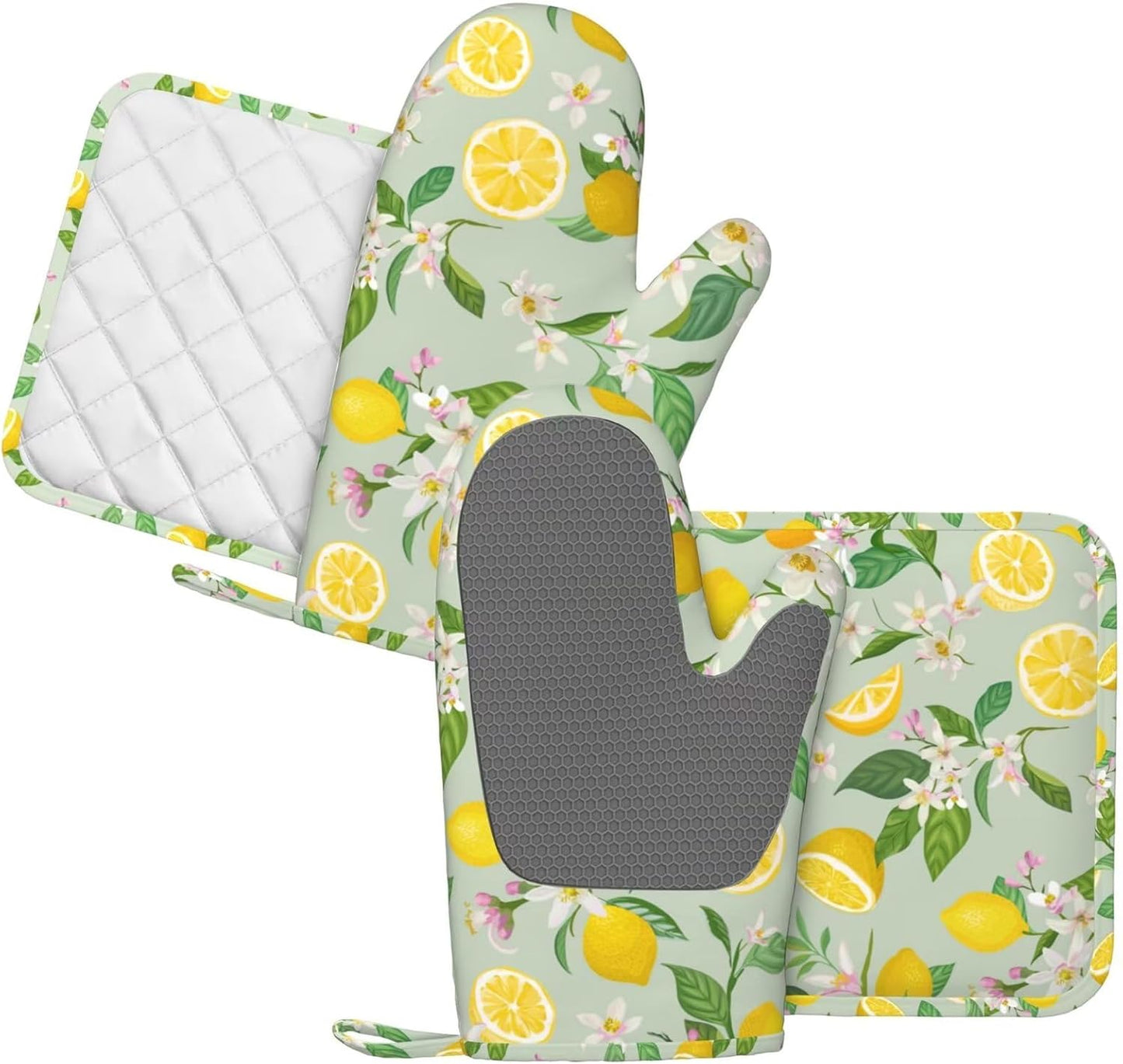 Lemon Oven Mitts Pot Holders Set Silicone Lemon Paper Yellow Citrus Fruit Lemons Kitchen Oven Mitts Heat Resistant Potholders Non-Slip 4pcs Hot Pads and Oven Gloves Sets for Baking,Grilling