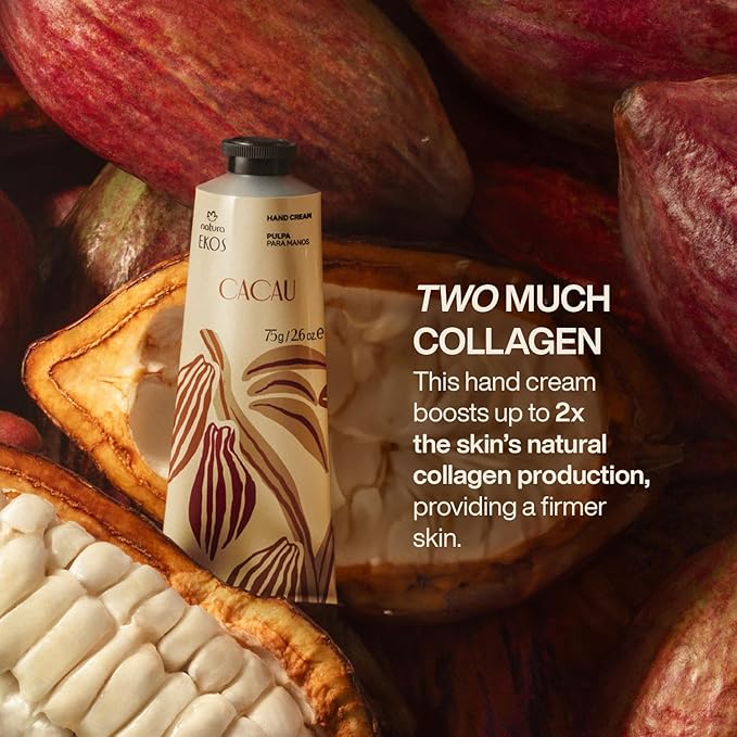 Natura Ekos Cacau Collagen Boosting Hand Cream - 48-Hour Deep Hydration Skin Moisturizer - Increase Skin's Natural Collagen - Vegan Skin Care - 2.6 oz (75g)