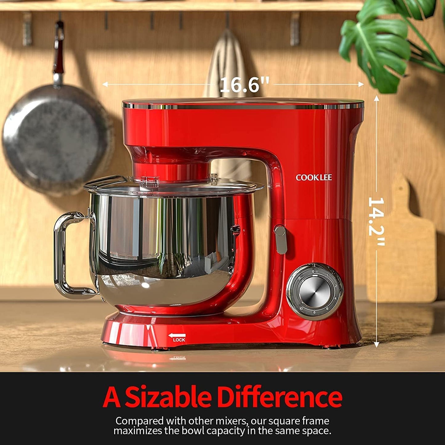 COOKLEE Stand Mixer, 9.5 Qt. 660W 10-Speed Electric Kitchen Mixer with Dishwasher-Safe Dough Hooks, Flat Beaters, Wire Whip & Pouring Shield Attachments for Most Home Cooks, Ruby Red