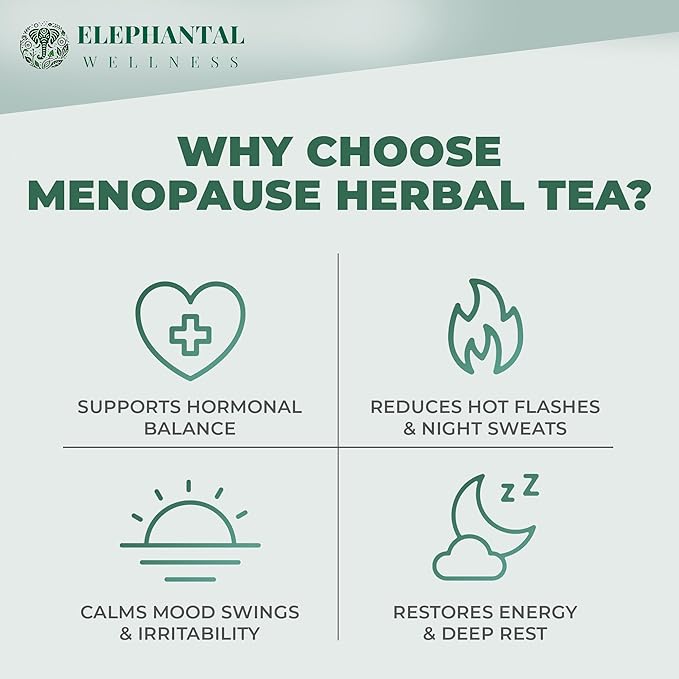 Elephantal Wellness Premium Menopause Herbal Tea | Hormonal Balance & Hot Flash Support with Chaste Berry, Red Clover, Black Cohosh & Valerian | Handmade, Caffeine-Free, Non-GMO Loose Leaf Blend | 2oz, 20 Servings