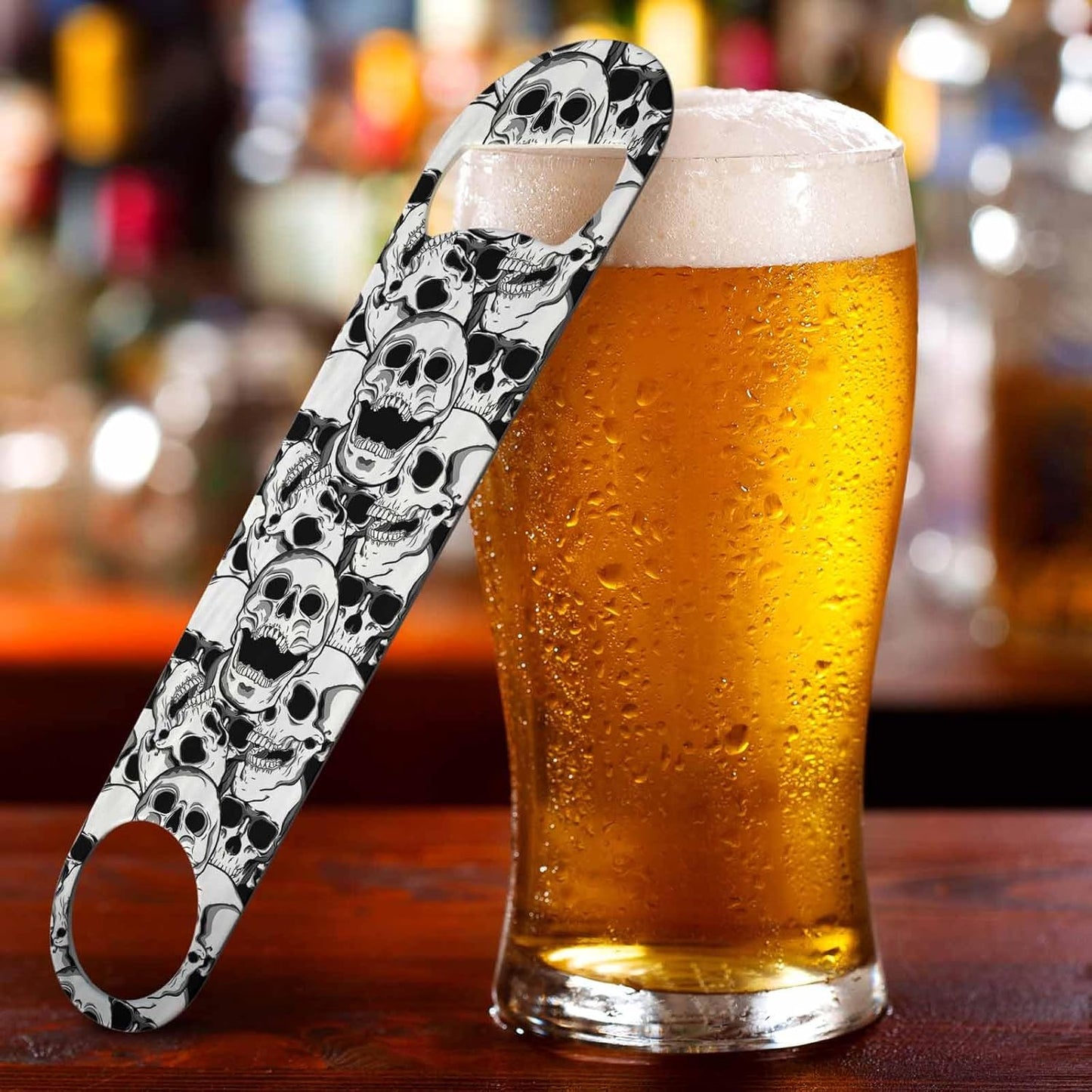 Skull Stainless Steel Bottle Opener Black and White Cranium Grinning Abstract Art Bone Skeleton Flat Beer Bottle Opener Keychain for Home Kitchen Bar Restaurant Party Birthday Gift