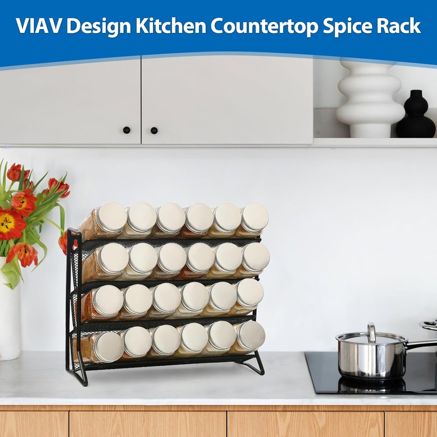 2PCS 4Tier Spice Rack for Counter Free Standing,Spice Rack for Inside Cupboard Hanging Wall Mounted Spice Seasoning Organiser Spice Jars Bottle Organizer for Kitchen Pantry（Black）