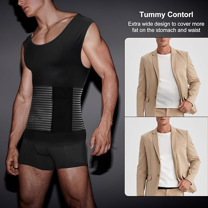 Odoland Men Body Shaper Compression Shirt, Adjustable Velcro Waist Trimmer Belt Intensity, Slimming Shapewear Tummy Control