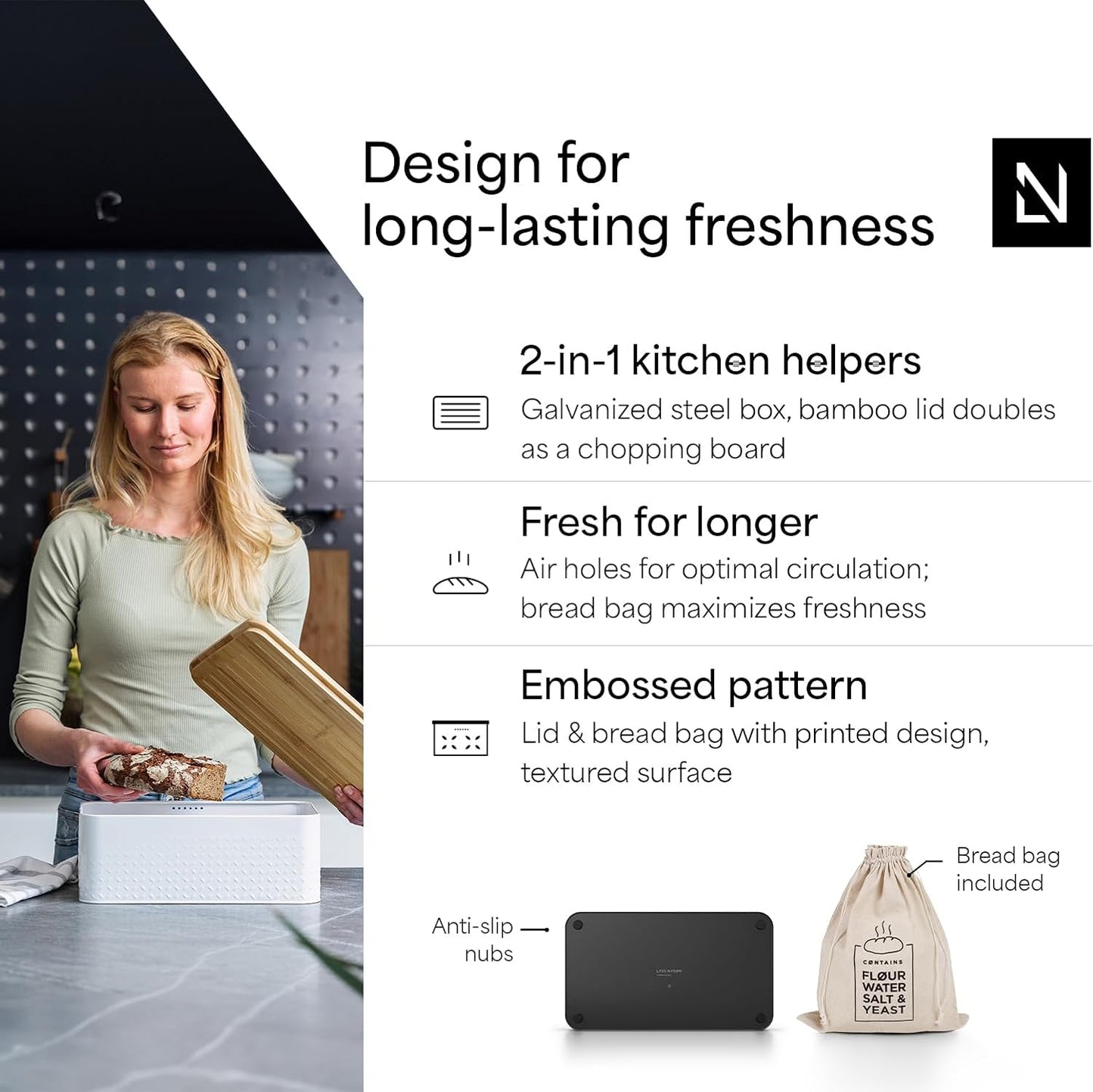 LARS NYSØM Bread Box I Metal Box with linen bag for long lasting freshness I Bread Bin with bamboo lid usable as cutting board I 13.4x7.3x5.3In (Carbon Black)