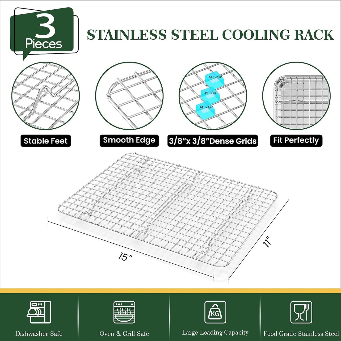 Stainless Steel Cookie Sheets, Baking Sheet Pan Set of 3 with Wire Cooling Rack, Non Stick and Heavy Duty and Easy Clean, 9/12/16 Inch