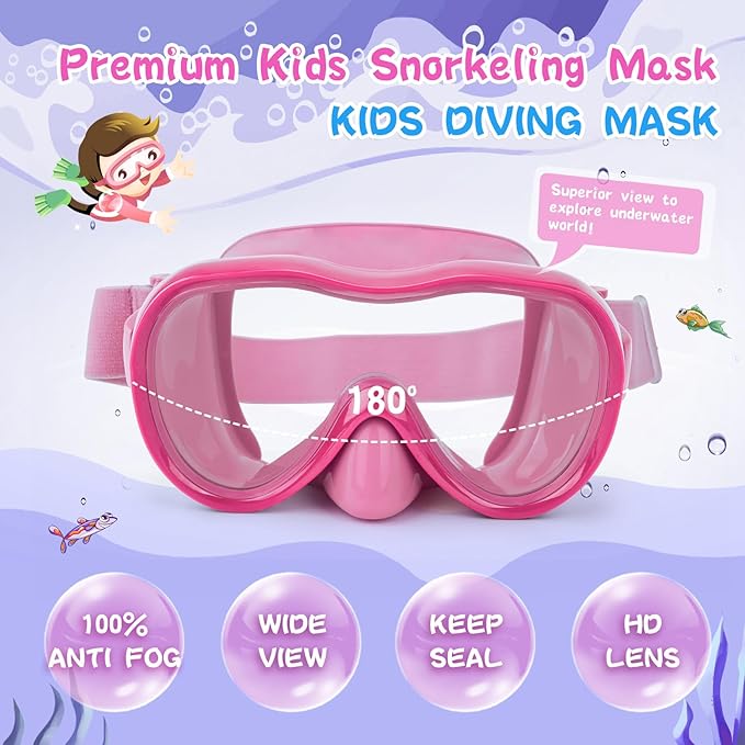 Kids Swim Goggles 180° Snorkel Diving Mask with Nose Cover, Anti-Fog Kids Swimming Goggles with Elastic Fabric Strap for Kids Boys Girls