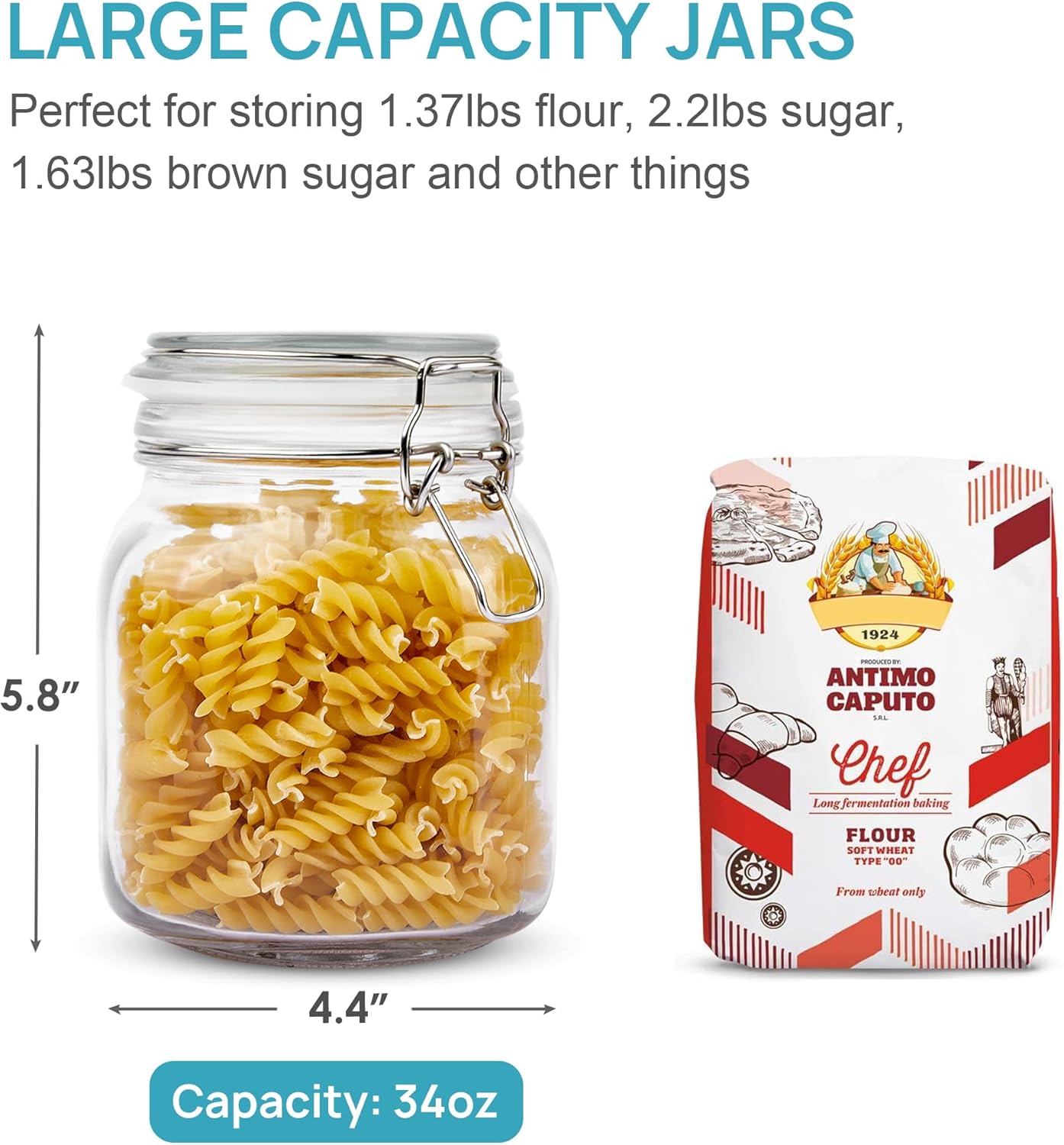 Vtopmart 34oz Glass Food Storage Jars with Airtight Clamp Lids, 3 Pack Kitchen Canisters for Flour, Cereal, Coffee, Pasta and Canning, Square Mason Jar with 8 Chalkboard Labels