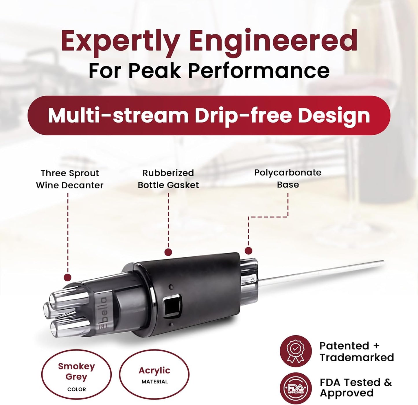 Air Speed Wine Aerator Modest Design Multi-Stream Drip Free Wine Aeration 3 Stainless Steel Spouts, Handmade Kitchen Essential Easy To Use, No-Drip valentines day gift for her in Protective Gift Case