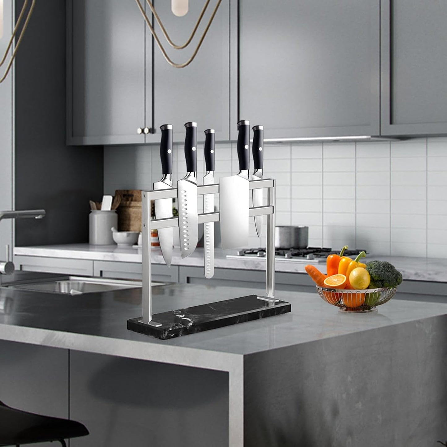 YIIYIIN Magnetic Knife Block with Marble Base - Double Sided Magnetic Knife Stand - Magnetic Knife Holder - Kitchen Knife Storage - Knife Holders for Counter Top - Black