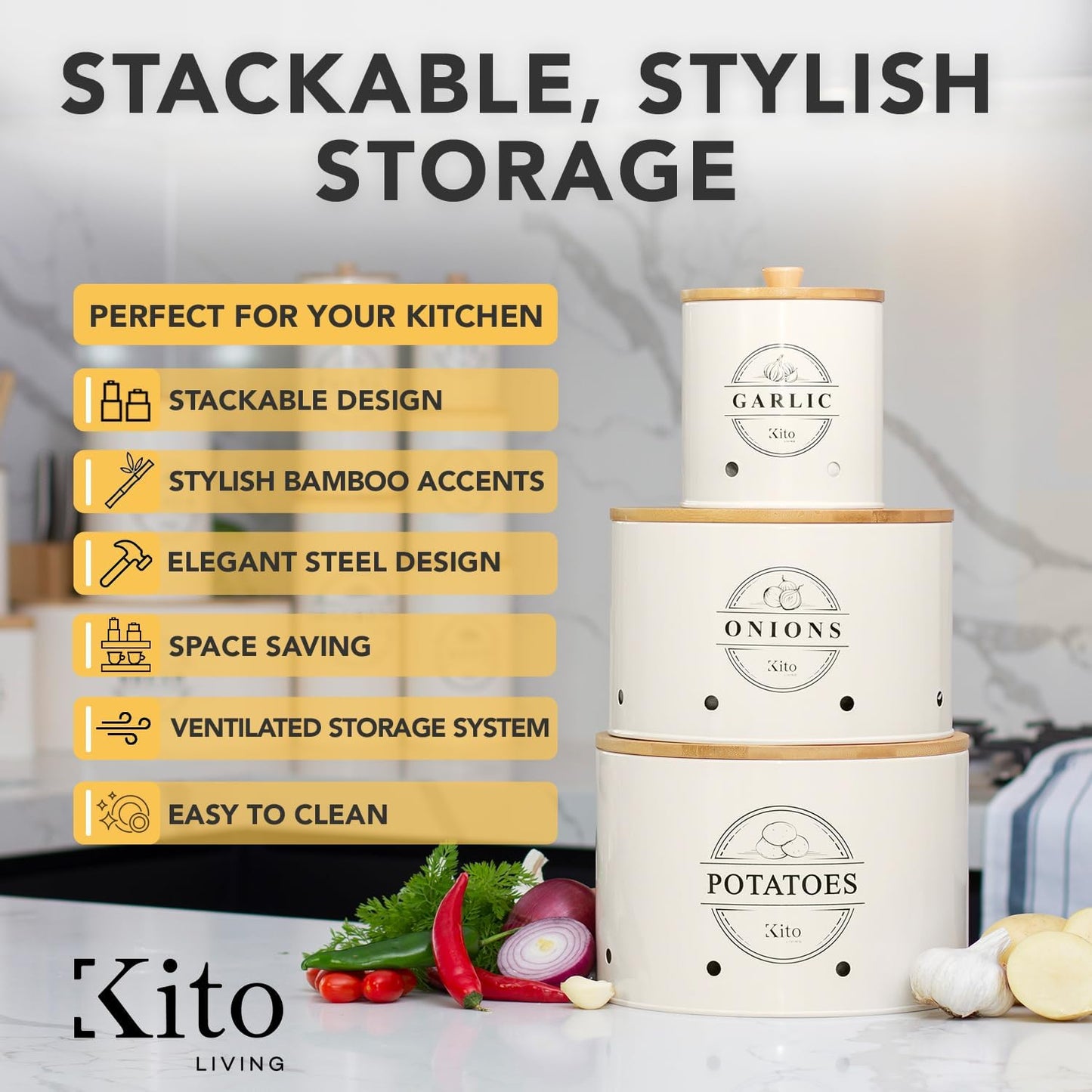 Canister Sets for Kitchen Counter with Wooden Bamboo Lids, Kitchen Canisters for Countertop, Stackable Steel Farmhouse Canisters for Potato Storage, Onion and Potato Storage Bins - Cream