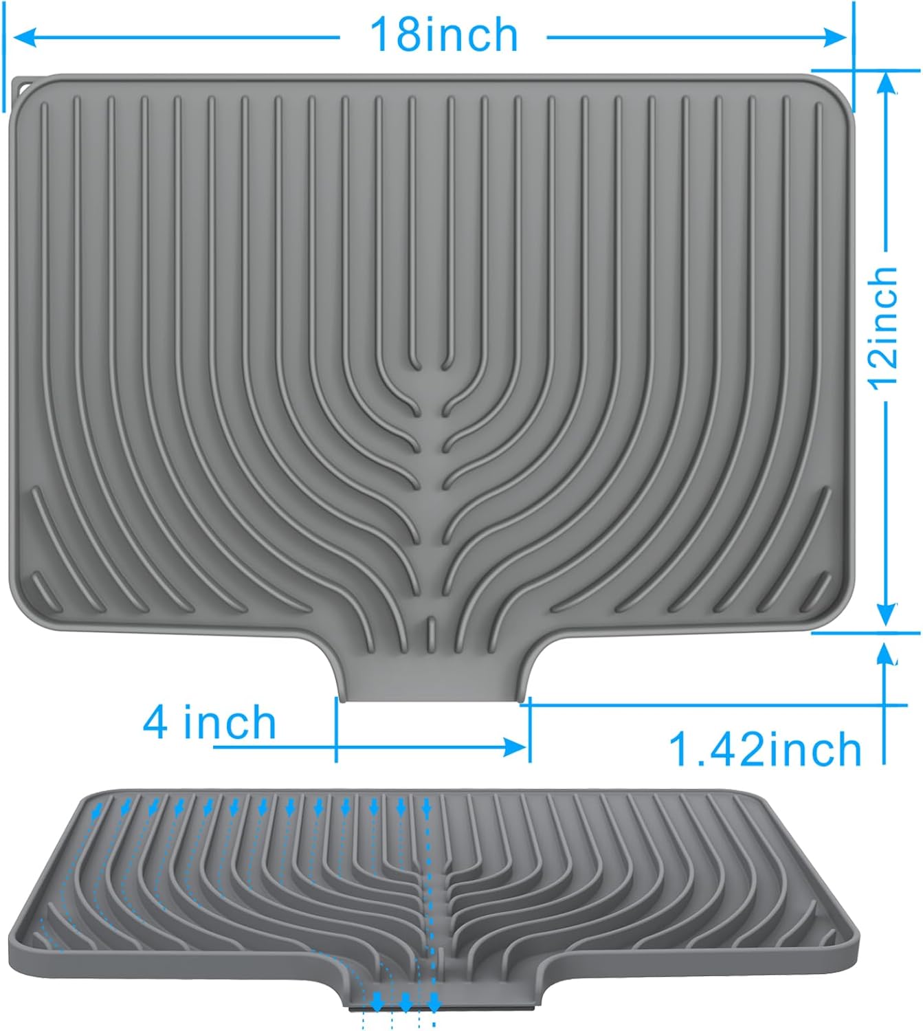 Dish Drying Matt for Kitchen Counter,18"×12"Silicone Dry Rack Mat with Built in Drain, Kitchen Dry Mats for Dishes Drying Pad for Counter(gray)