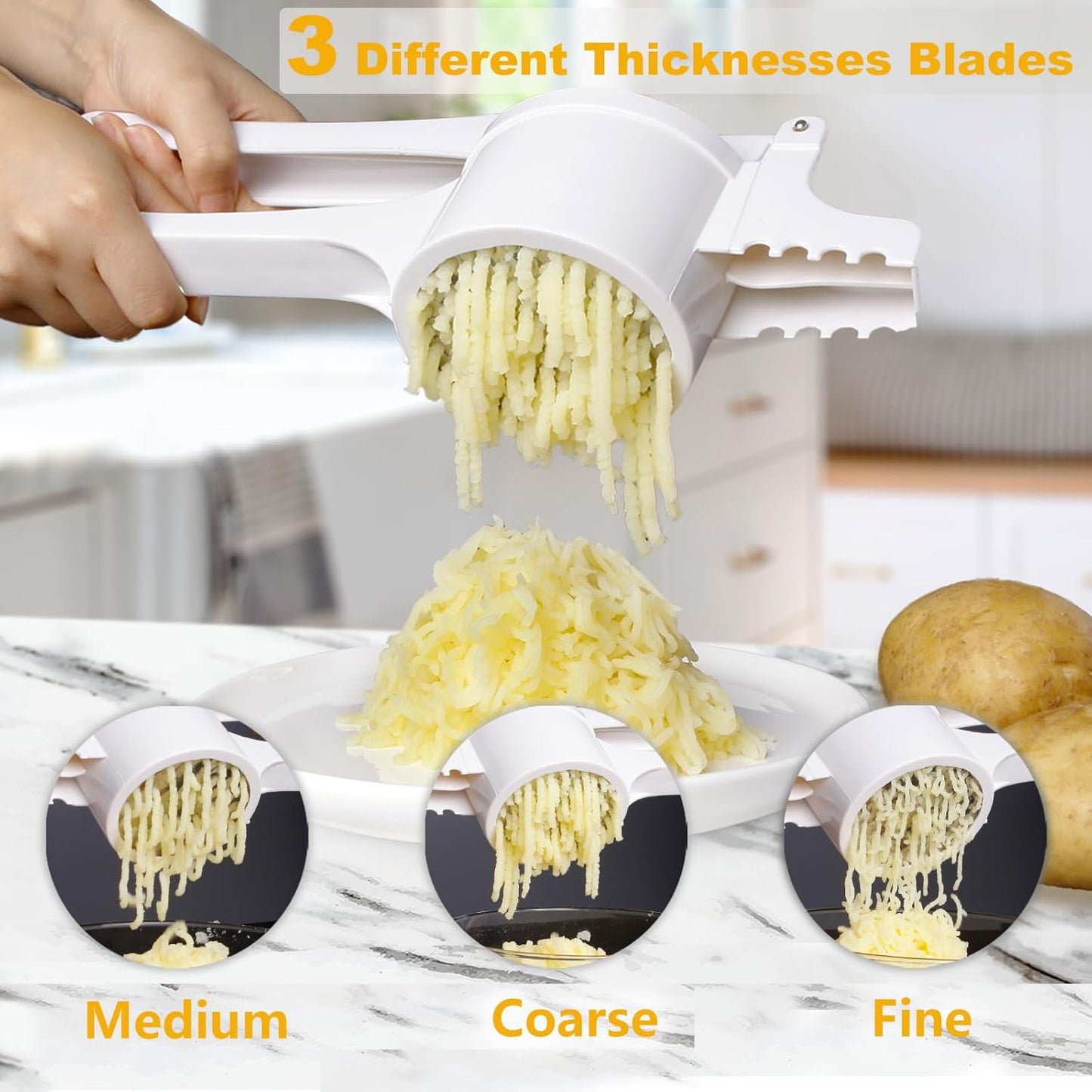 Potato Ricer and Masher with 3 Interchangeable Discs, Stainless Steel Discs, Large Capacity Potato Masher Kitchen Tool Labor-saving Handle Great for Baby Food and juices