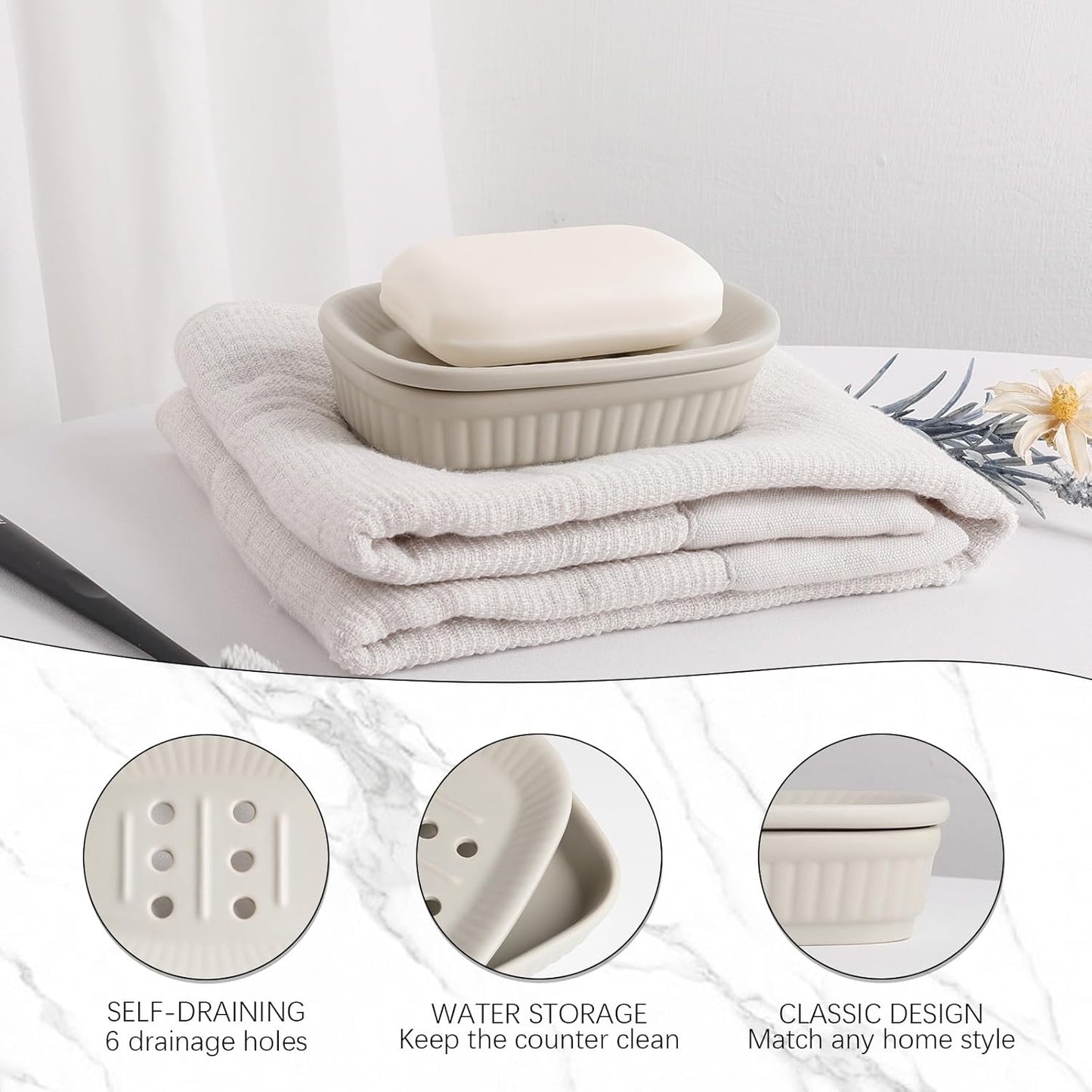 Soap Dish, Self-draining Bar Soap Holder, Ceramic Double Layer Soap Dishes for Bar Soap, Draining Soap Dish for Bathroom Shower Kitchen, Minimalist Vintage Style, Keep Soap Dry, Grey, ANTIS'S HOME