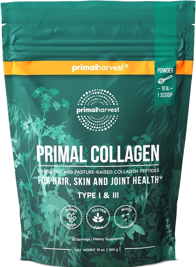 Primal Harvest Collagen Powder for Women or Men Primal Collagen Peptides Powder Type I & III, 10 Oz Collagen Protein Powder for Hair, Skin, Nails (Single, Original)