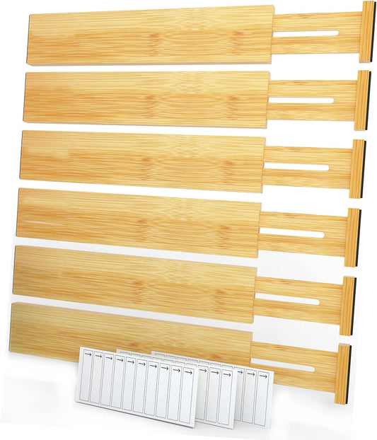 SpaceAid Bamboo Drawer Dividers with Labels, Kitchen Adjustable Drawer Organizers, Expandable Organization for Home, Office, Dressers and Bathroom, 6 Dividers (13.25-17 in)