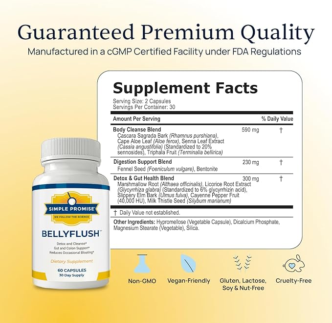 Simple Promise BellyFlush - Gentle Colon & Gut Cleanse Supplement for Comfort with Milk Thistle & Bentonite Clay - Supports Debloat, Digestive Cleanse & Flushing - 60 Capsules