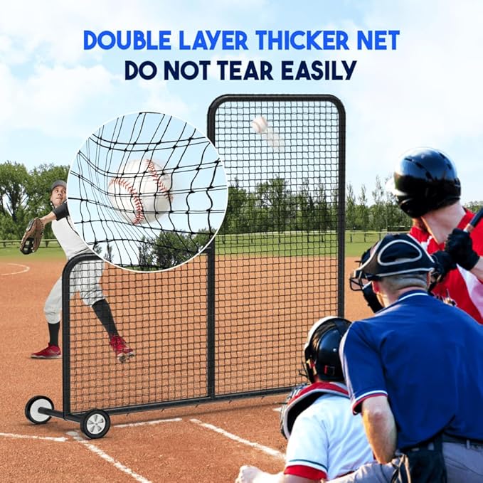 Yes4All Portable L-Screen Baseball 7x7ft with 2 Baseballs, Rubber Wheels - L Screen Baseball for Batting Cage, Protective Pitching Screen Net Double Layers, Carry Bag Included