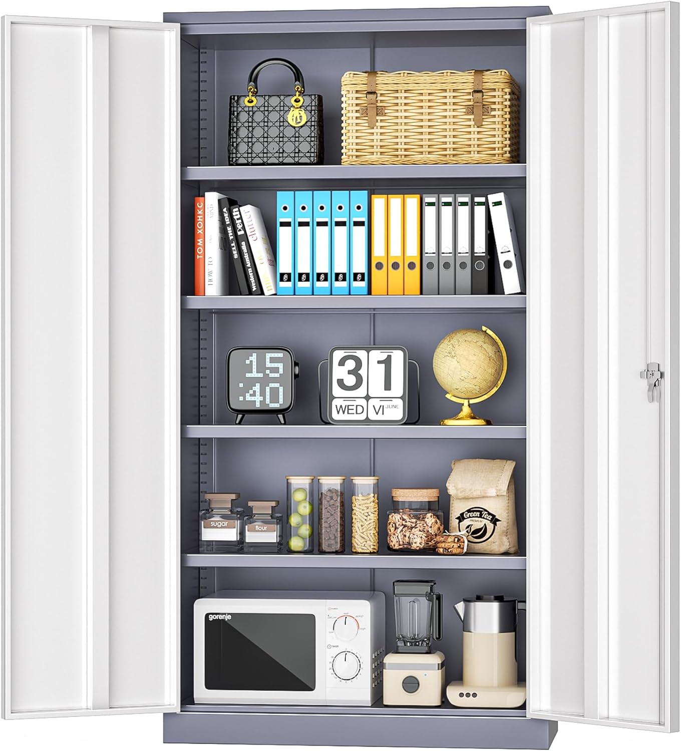 INTERGREAT Metal Garage Storage Cabinet, Black Lockable File Cabinet with 2 Doors and 4 Adjustable Shelves, Tall Steel Tool Cabinets for Office, Home, Garage, School, Gym