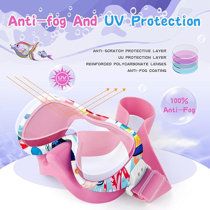 Kids Swim Goggles with Nose Cover, 180° Panoramic Snorkel Mask with Anti-Fog & Anti-Leak Design, Comfort Fabric Strap UV Protection Lens for Boys Girls Ages 3-15