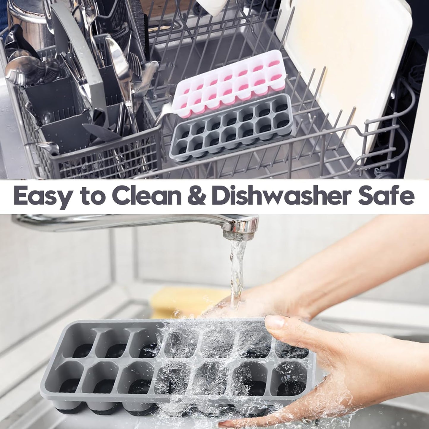 Silicone Ice Cube Tray, 8 Pack Easy-Release & Flexible 14-Ice Cube Trays with Spill-Resistant Removable Lid, Stackable Ice Trays with Covers for Freezer, Cocktail (4 Black+ 4 Grey)