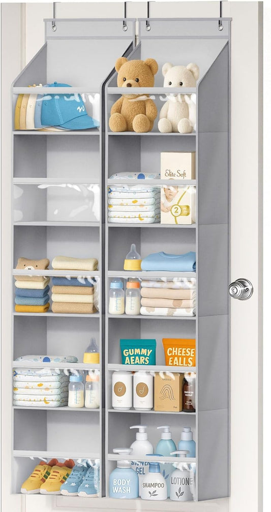 AOODA 2 Pack Over the Door Organizer, Large Capacity Closet Door Hanging Organizer, Clear Deep Pockets Baby Organizer Storage for Nursery, Bathroom, Bedroom, Pantry, Diapers (Grey)