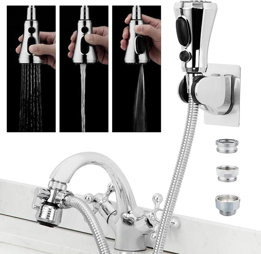 CECEFIN Kitchen Faucet Hose Attachment, Sink Sprayer Replacement Head with 4.9 Ft Stainless Steel Hose, Water Saving Aerator with 3-Way Diverter Valve for Hair Washing Laundry Room and Pet Shower