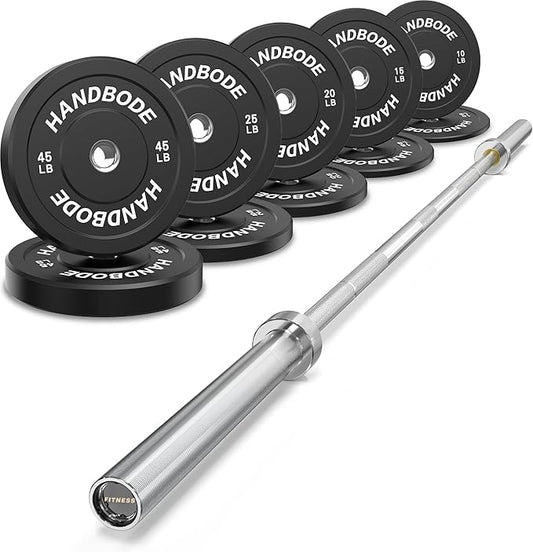 Olympic Bumper Plates Set 2 Inch, 10-55 lbs Rubber Weight Plates with 45 lb (20kg) Black/Silver Barbell, Strength Training & Weight Lifting for Home Gym