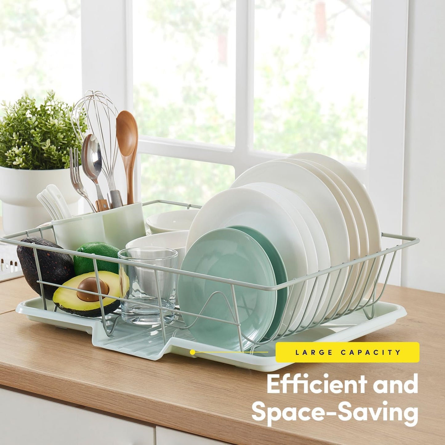 Sweet Home Collection Space-Saving 3-Piece Dish Drainer Rack Set: Efficient Kitchen Organizer for Quick Drying and Storage - Includes Cutlery Holder and Drainboard - Maximize Countertop Space, Mint