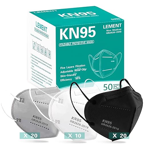 LEMENT 50PCS KN95 Face Mask 5 Layer Breathable with Elastic EarLoops Cup Dust Safety Masks(White,Black,Grey)