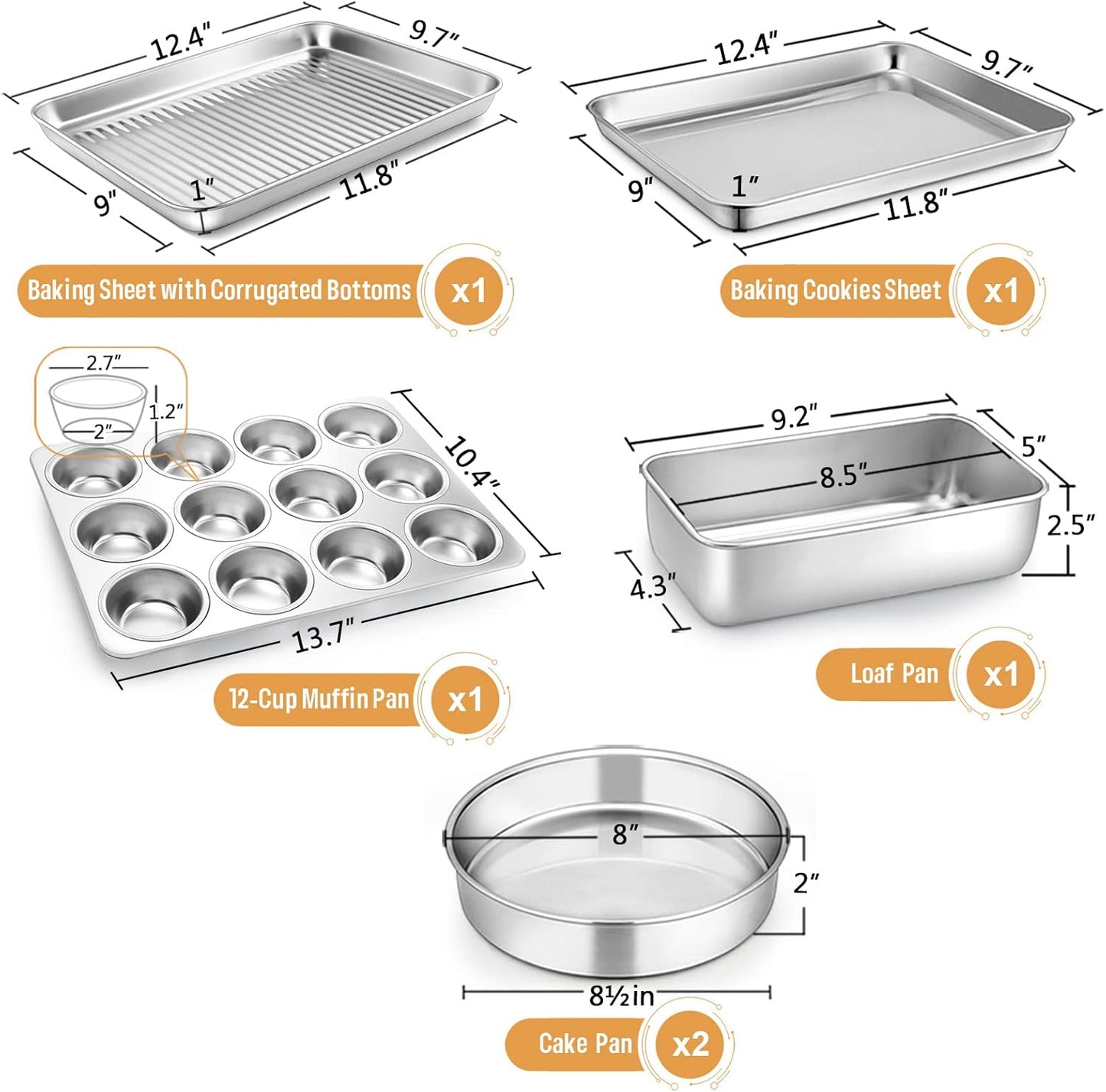 E-far 6-Piece Baking Pans set, Stainless Steel Bakeware Set for Oven, Include 8-Inch Cake Pan/Rectangle Baking Cookie Sheet/Muffin/Loaf Pan, Non-Toxic & Heavy Duty, Dishwasher Safe