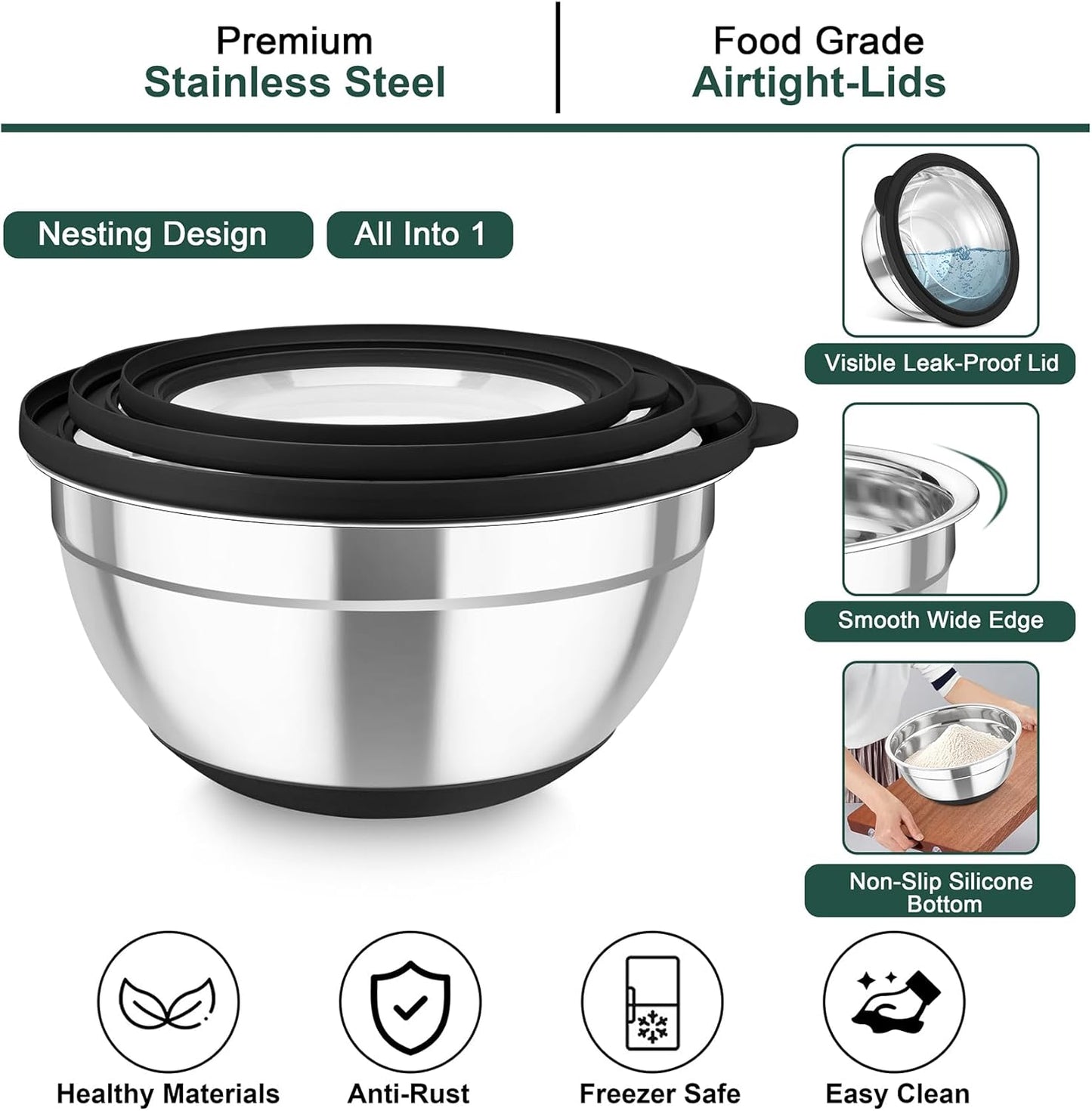 TeamFar Mixing Bowls with Colander Set, Stainless Steel Strainer and Nesting Salad Bowls, with Lids & 3 Graters, Non-Slip Bottom & Visible Lid, Rotatable & Dishwasher Safe, 4.6/3/1.5 QT, Black