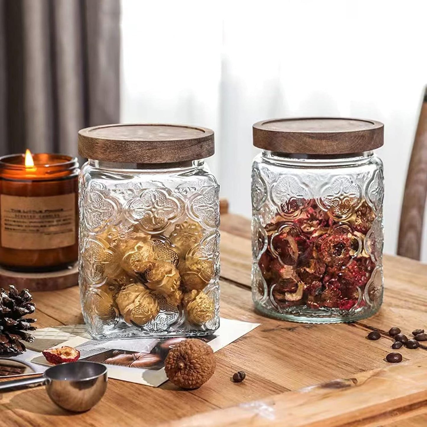 Snminetal Vintage Glass Airtight Storage Jar Set of 2, With Airtight Wood Lid, Kitchen Food Storage Containers,Suitable for storage Tea leaves,Coffee Beans,dried fruits, cereals, etc(Plum pattern)