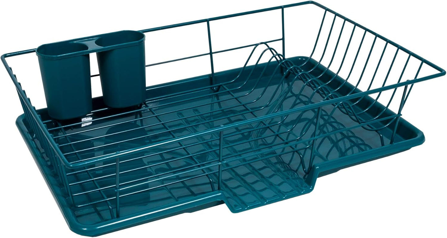 Sweet Home Collection Space-Saving 3-Piece Dish Drainer Rack Set: Efficient Kitchen Organizer for Quick Drying and Storage - Includes Cutlery Holder and Drainboard - Maximize Countertop Space, Teal