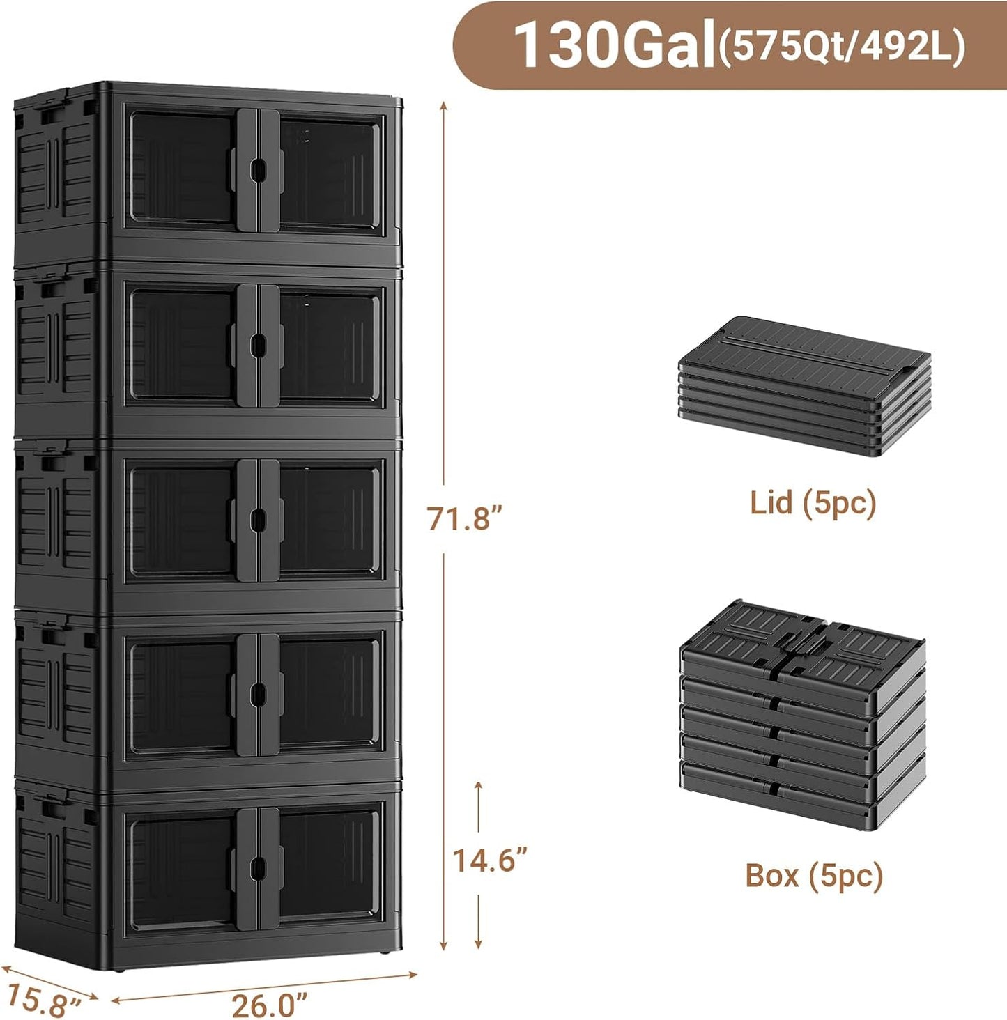575Qt Stackable Storage Bins with Individual Lids & Wheels, Large Plastic Collapsible Latching Boxes Closet Organizers and Storage Cabinet Shelves Units for Home Kitchen Dorm, 5-Pack Black