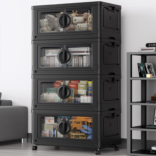 480Qt Lockable Stackable Storage Bins with Lids, Closet Organizers and Storage Drawer, Collapsible Storage Bin with Wheels, Plastic Cabinet for Toy Clothes Dorm Organizer, V9 4 Pack Black
