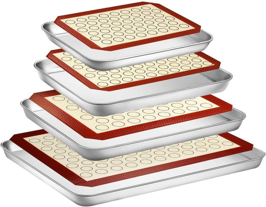 Baking Sheet with Silicone Mat Set, Set of 8 (4 Sheets + 4 Mats), Stainless Steel Cookie Sheet Baking Pans with Reusable Silicone Baking Mat, Non Toxic & Heavy Duty & Easy Clean