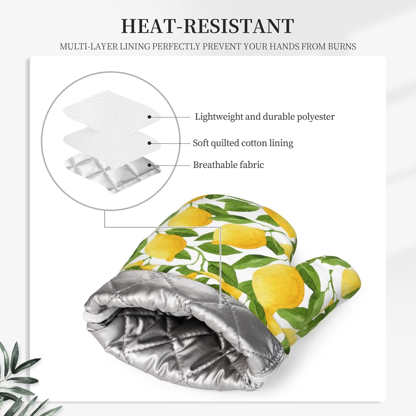 Lemon Oven Mitts and Pot Holders Sets of 4,Resistant Hot Pads with Silicone Non-Slip BBQ Gloves for Kitchen,Cooking,Baking,Grilling