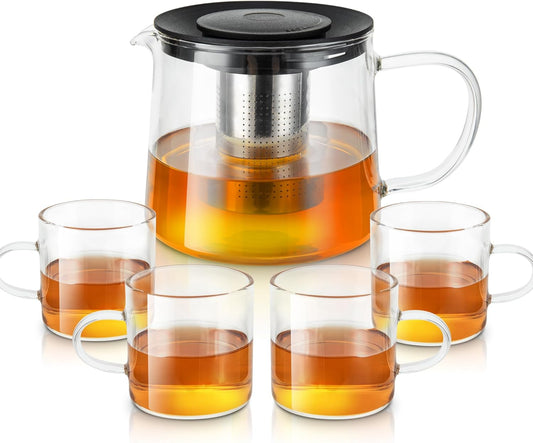 Glass Teapot 34oz/1000ml with 4 Pack Tea Cups Gift Set, Removable Stainless Steel Infuser, Heatproof Borosilicate Glass, Stovetop Safe for Loose and Blooming Leaf Tea