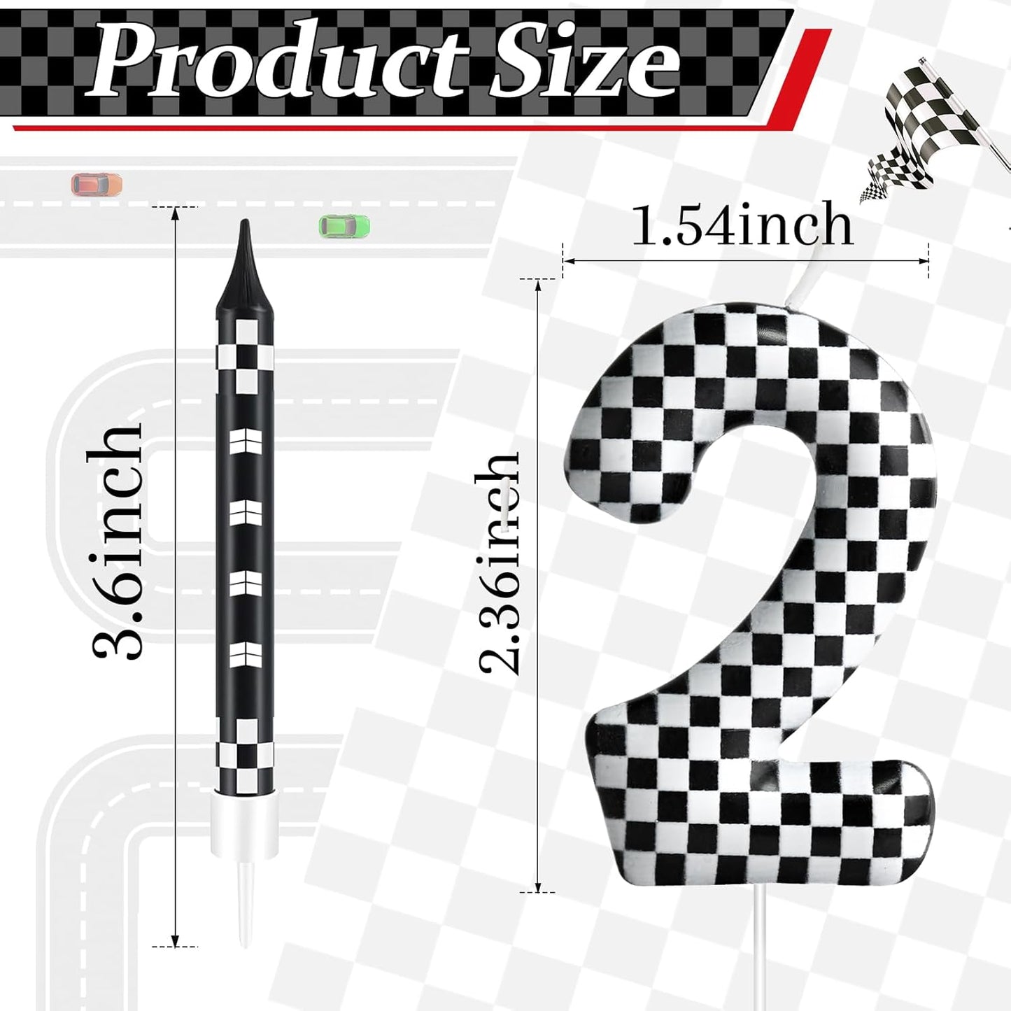 13 Pcs Racing Cars Themed Birthday Candles Black and White Race Number 2 Checkered Candle Cake Topper for Racing Car Party Decoration Supplies (Number 2)